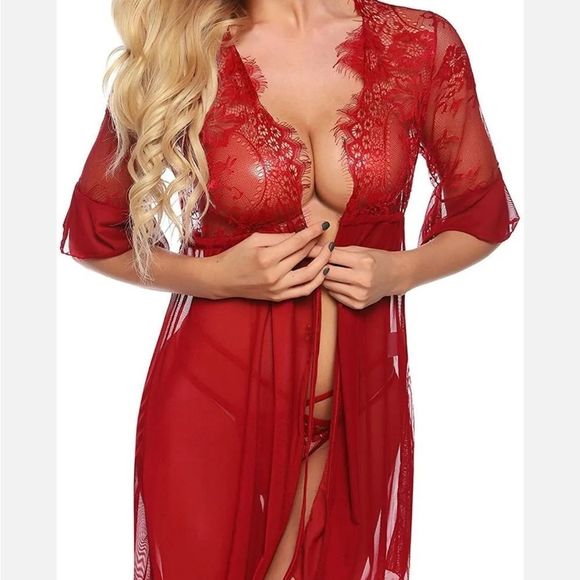 Women's Sexy Lingerie Babydoll Lace Chemise Sheer Mesh Open Front Sleepwear Set - Picture 4 of 6